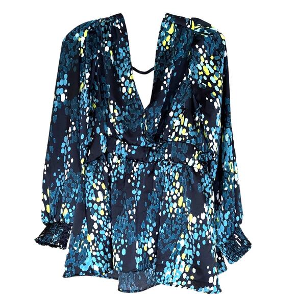 Torrid Silky Green, Blk, Yellow Silky, Tie-back Peplum Top, Size 0=12, EUC - Picture 1 of 4